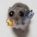 A hamster with large eyes holding a Minecraft totem of undying and a mace.