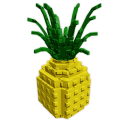 Pineapple rendered in a blocky, pixel art style with a yellow body and green leaves against a black background.