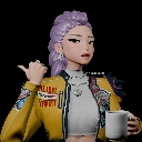 A 3D anime-style woman with purple hair holding a coffee mug and pointing to the side with a sassy expression.