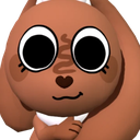 A brown 3D bunny with large black eyes looking forward with a gentle expression.