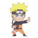 Naruto Uzumaki in a chibi art style stands in a defensive fighting stance with his hand forward.