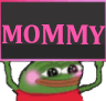 A green frog character with rosy cheeks holds a black sign with the word MOMMY written in pink letters.