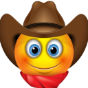 Yellow smiley face wearing a brown cowboy hat and a red bandana smiling.