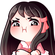 Anime girl with long dark hair and a pink outfit pouting with a grumpy expression.