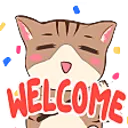 A cute brown tabby cat with closed eyes and a wide happy smile holding a sign that says WELCOME in bold red letters.