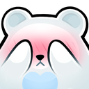 A white bear with a pink-flushed face hiding behind a blue heart.