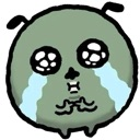 A round green creature with large glossy eyes crying streams of blue tears.