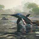Ichthyosaurus swimming through the water with its long snout pointed forward.