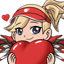 Mercy from Overwatch smiling while holding a large red heart.