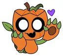 A cute orange pumpkin character with a toothy grin and a purple heart floating nearby.