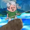 A cartoon man with a smug expression holding a fishing rod while standing on a log over water.