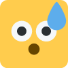 A yellow square face with wide eyes and a blue sweat drop on its forehead.