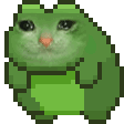A pixel art cat-frog hybrid with a sad, crying face rolling across the frame in four stages.