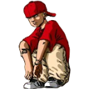 A boy wearing a red cap and red shirt crouching in a street-style pose.
