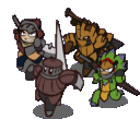 Four chibi hunters in different armor sets running forward in a group.