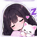 Anime girl with dark hair sleeping peacefully while hugging a small white kitten with a pink heart floating nearby.