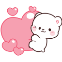 Milk bear hugging a large pink heart with several smaller hearts floating around.