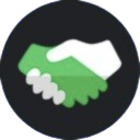 Handshake icon depicted in white and green against a dark circular background.
