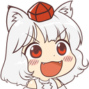 Momiji Inubashiri with white hair and wolf ears wears a red hat and grins mischievously.