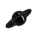 Saturn planet with rings depicted in a simple white line-art style on a black background.
