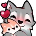 A gray wolf hugging a small orange fox with pink hearts floating nearby.