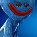 Huggy Wuggy with a wide, red, toothy grin and blue fur.
