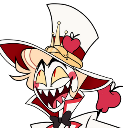 Lucifer Morningstar with a wide, sharp-toothed grin laughing maniacally while wearing his signature top hat.