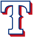 Texas Rangers logo featuring a white letter T with blue and red outlines.