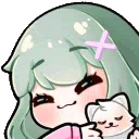 Anime girl with green hair hugging a small white cat with a happy expression.