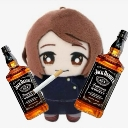 Nobara Kugisaki plushie holding a cigarette with a bottle of Jack Daniel's whiskey on each side.
