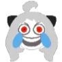 A stylized character face with wide red eyes and blue tears streaming down, laughing hysterically.