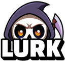 Grim Reaper with a white skull and purple hood peeking over the word LURK.