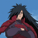 Madara Uchiha with long black hair and red armor looking down with a smug, superior expression.