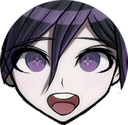 Anime character with purple hair and sparkling purple eyes laughing with a wide open mouth.