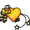 A blocky yellow robot character holding a large glowing golden heart with stars floating around.