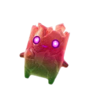 A small gummy creature with a red and green body and glowing purple eyes smiling mischievously.