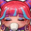 Juri Han from Street Fighter with pink hair and blue highlights calmly sipping from a white teacup with her eyes closed.