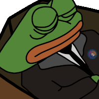 Pepe the frog wearing a suit opens his eyes wide in a sudden reaction.