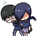 Ken Kaneki holding back a flustered Touka Kirishima in a chibi anime style.