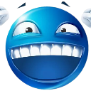 Blue spherical face with a wide, intense grin and raised hands showing extreme excitement.