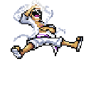Luffy in Gear 5 form jumping joyfully with white hair and clothes.
