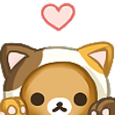 Rilakkuma bear wearing a cat hood peeking over a ledge with a pink heart floating above its head.
