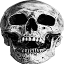 Human skull with a wide-open jaw in a high-contrast, gritty style.