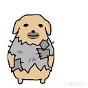 A cartoon dog with a simple expression wearing a tattered, ripped gray shirt.