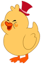 A small yellow chick with a devious grin wearing a red top hat.