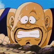 A bald man with a mustache looking terrified with wide eyes and sweat drops.