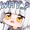 Anime girl with white hair and large yellow eyes crying with the text WHY...? above her head.