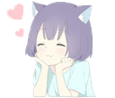 Cat-girl with purple hair and cat ears smiling happily with pink hearts floating above her head.