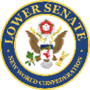 A circular blue and gold seal featuring an eagle and the text Lower Senate New World Confederation.