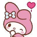 My Melody with a pink hood and blue bow looking shy with a floating heart.